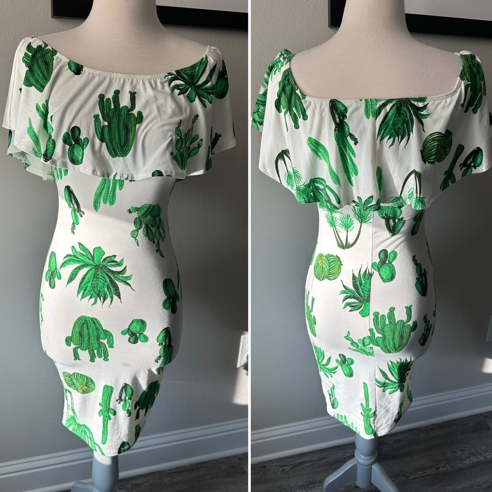 Green and White Off-Shoulder Resort Midi Dress